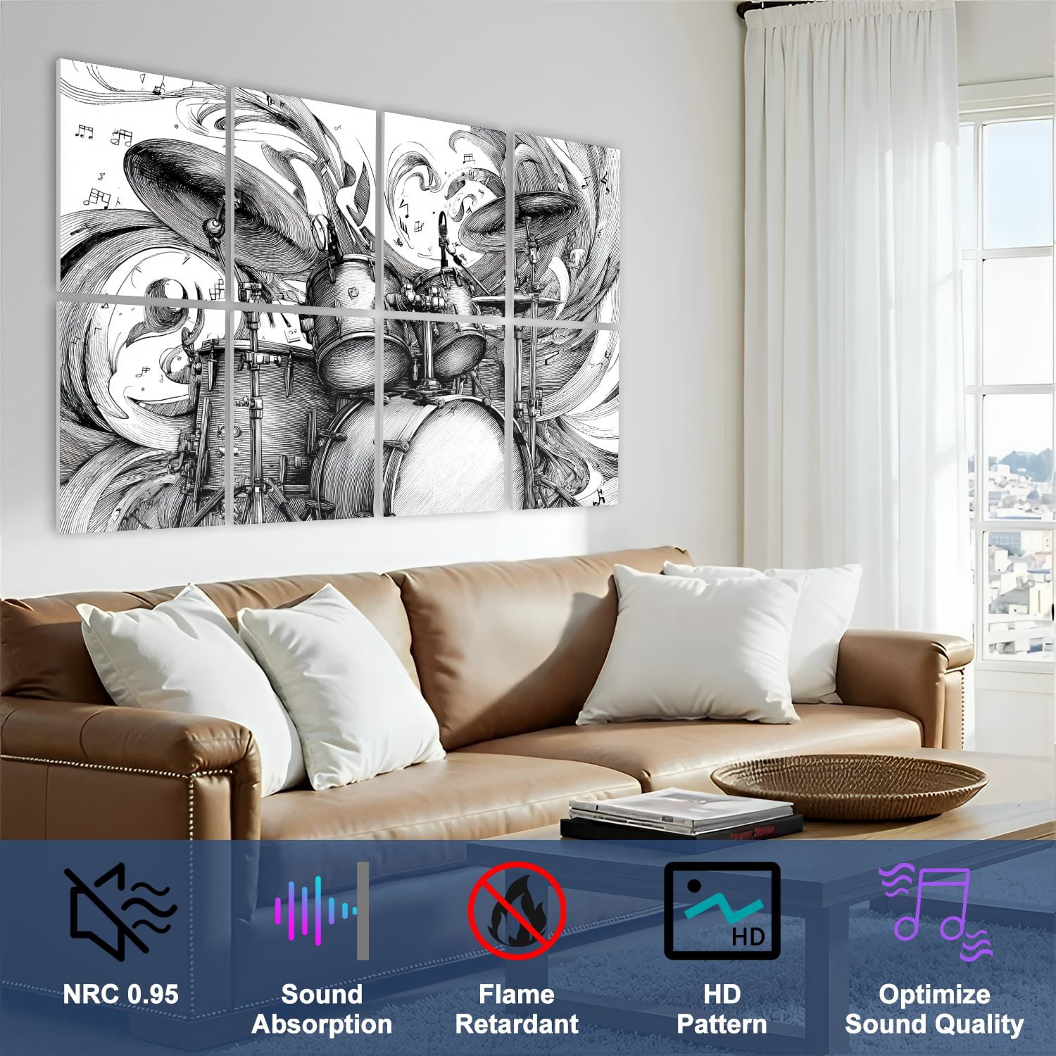 8 Pack Art Acoustic Panels Sound Absorbing Black White Drum Set Sketch Flowing Musical Notes Decorative Soundproof Wall Panels Self Adhesive for Nursery Game Room Bedroom 48"x32"