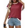 thumbnail image 3 of Women Summer Cap Sleeve Knit Tops Casual Crew Neck Color Block Trendy Tank Top Wine Red L, 3 of 9