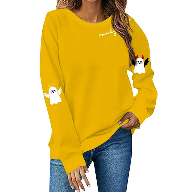 NMMUED Chandail d'Halloween pour Femmes Hauts de Sortie pour Femmes Chandail Citrouille d'Halloween Chandails Col Rond Femmes Chandail d'Halloween Chat Noir Chandails Graphiques pour Femmes, Jaune G