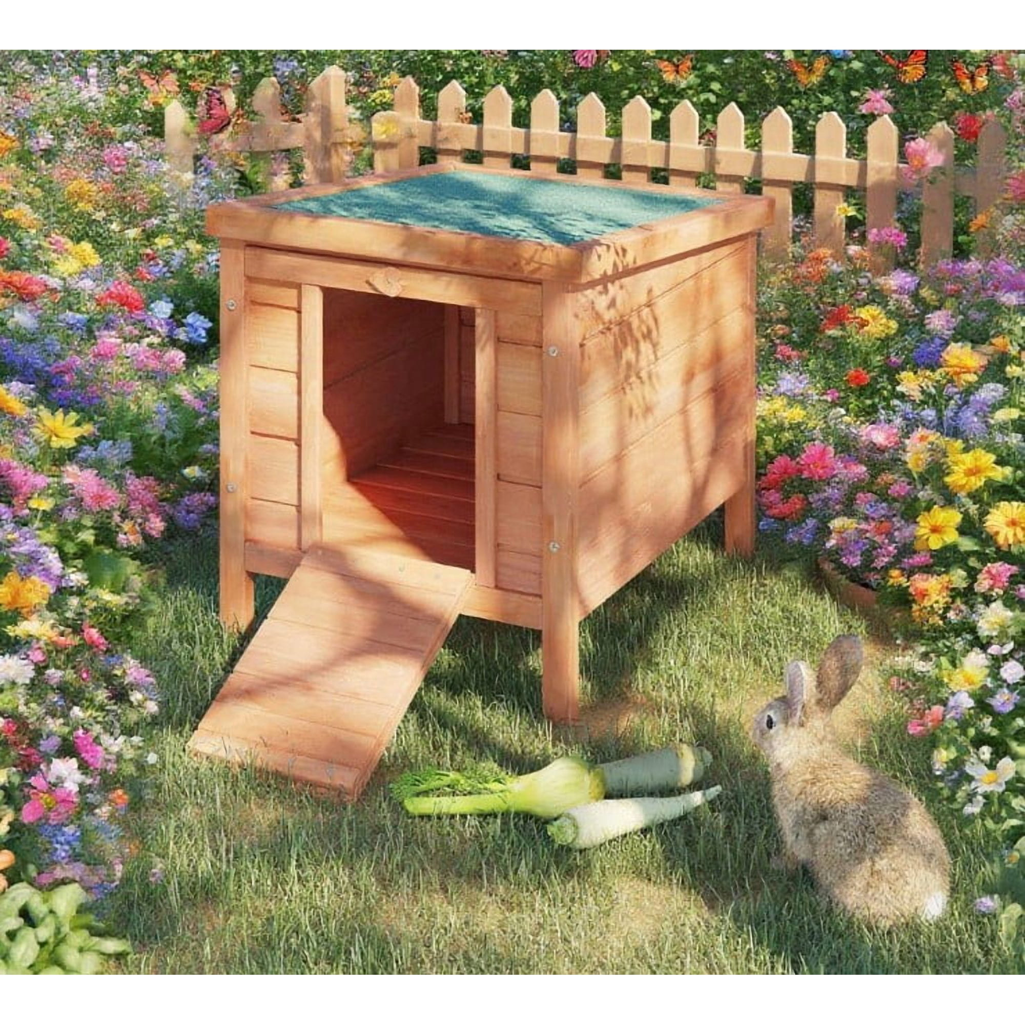 imerelez 16.5" Wooden Outdoor Rabbit Hutch for Small Pets – Guinea Pig Cage with Ramp Door & Asphalt Roof, for Backyard or Garden, Natural