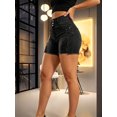 thumbnail image 4 of Women's High‑Rise Denim Shorts, Black Distressed Wash Ripped Shorts with Triple Button Closure & Frayed Raw Hem, Sizes 6-20, 4 of 7