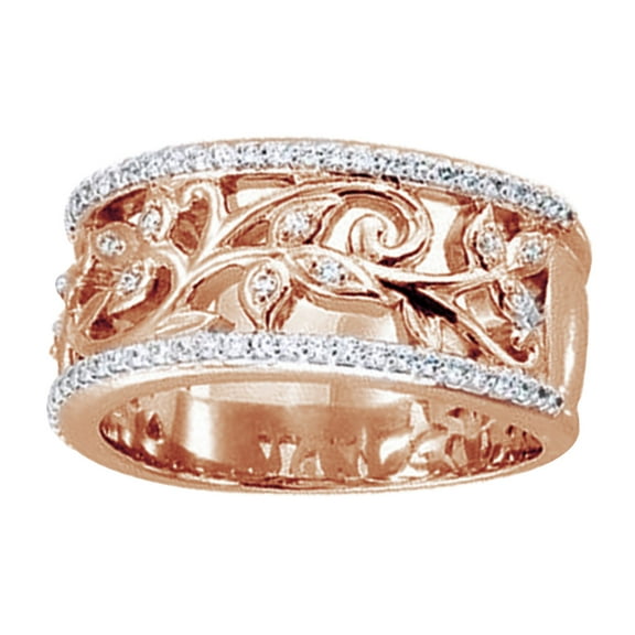 AFFY 0.37 Ct Round Shape White Diamond Leaf Style Anniversary Band Ring In 14K Solid Rose Gold