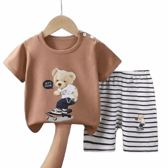 Boys' Bear Skating Cotton T-Shirt & Shorts Set - Brown / 9-18 Months