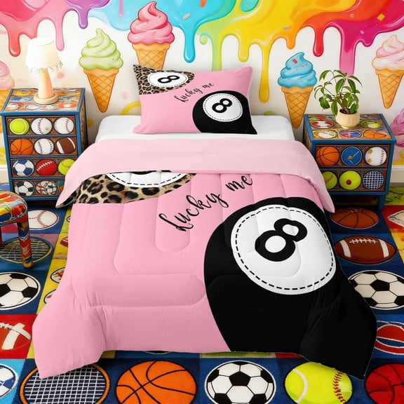 Erosebridal Leopard 8 Ball Lucky Twin Comforter Sets, Sport Bedding Set for Girls and Boys, Pink Reversible 2 Pieces, 1 Comforter and 1 Pillowcase