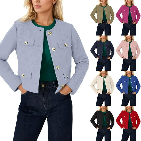 Gyexs Cropped Tweed Blazers Jackets for Women Elegant Slim Collarless Business Casual Long Sleeve Cardigans (BU2, Size S)