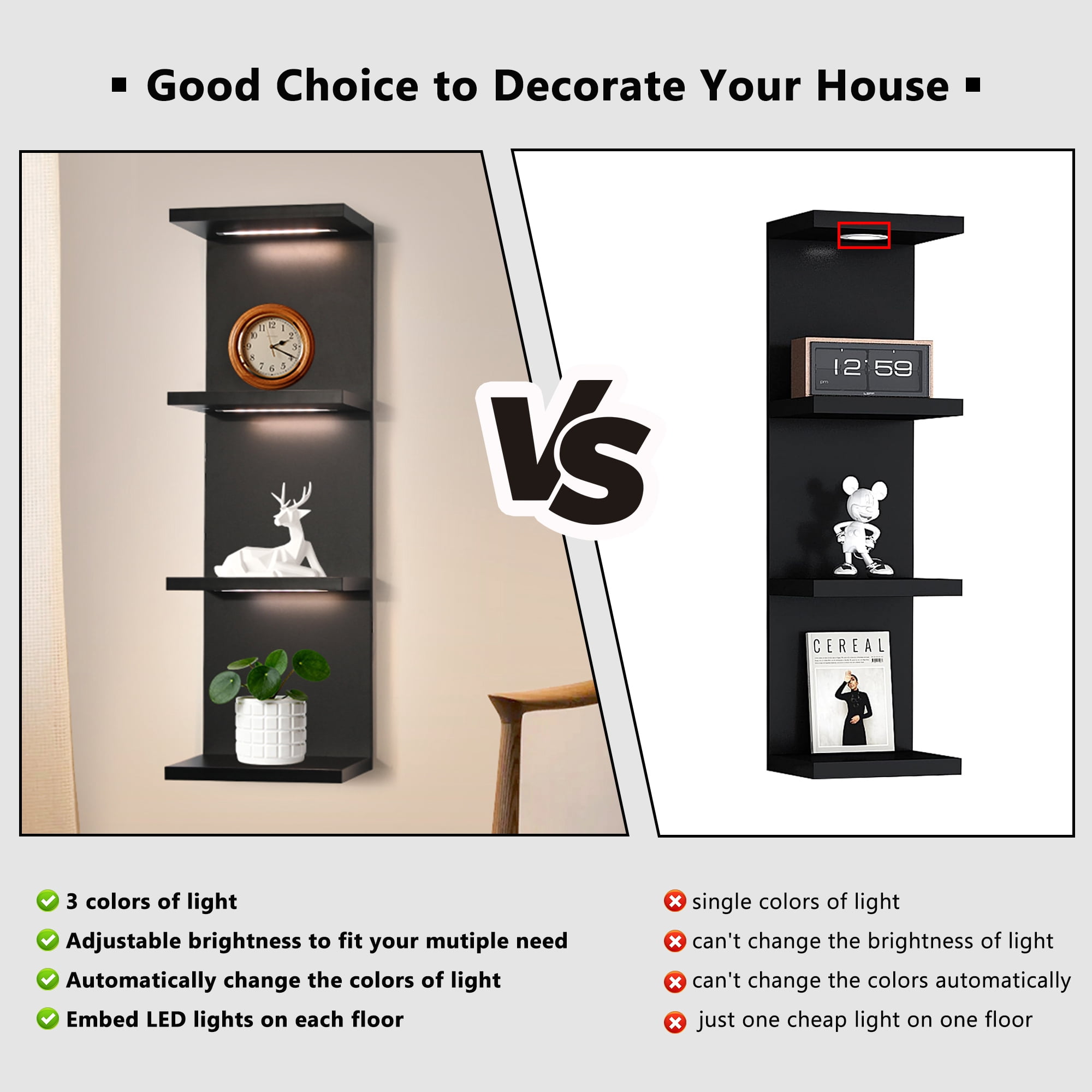 Versatile 4 Tier Wall Shelf Unit,Black Lack Wall Shelf,Display Floating Shelf with LED Remote Control Light