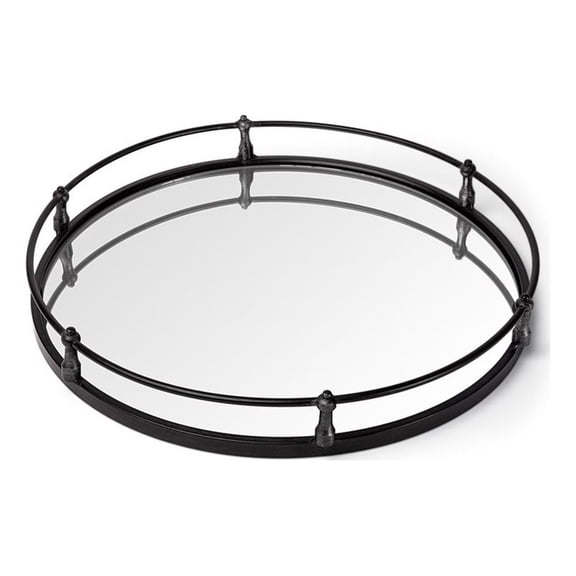 Pemberly Row Contemporary Black Metal Mirrored Base Round Tray
