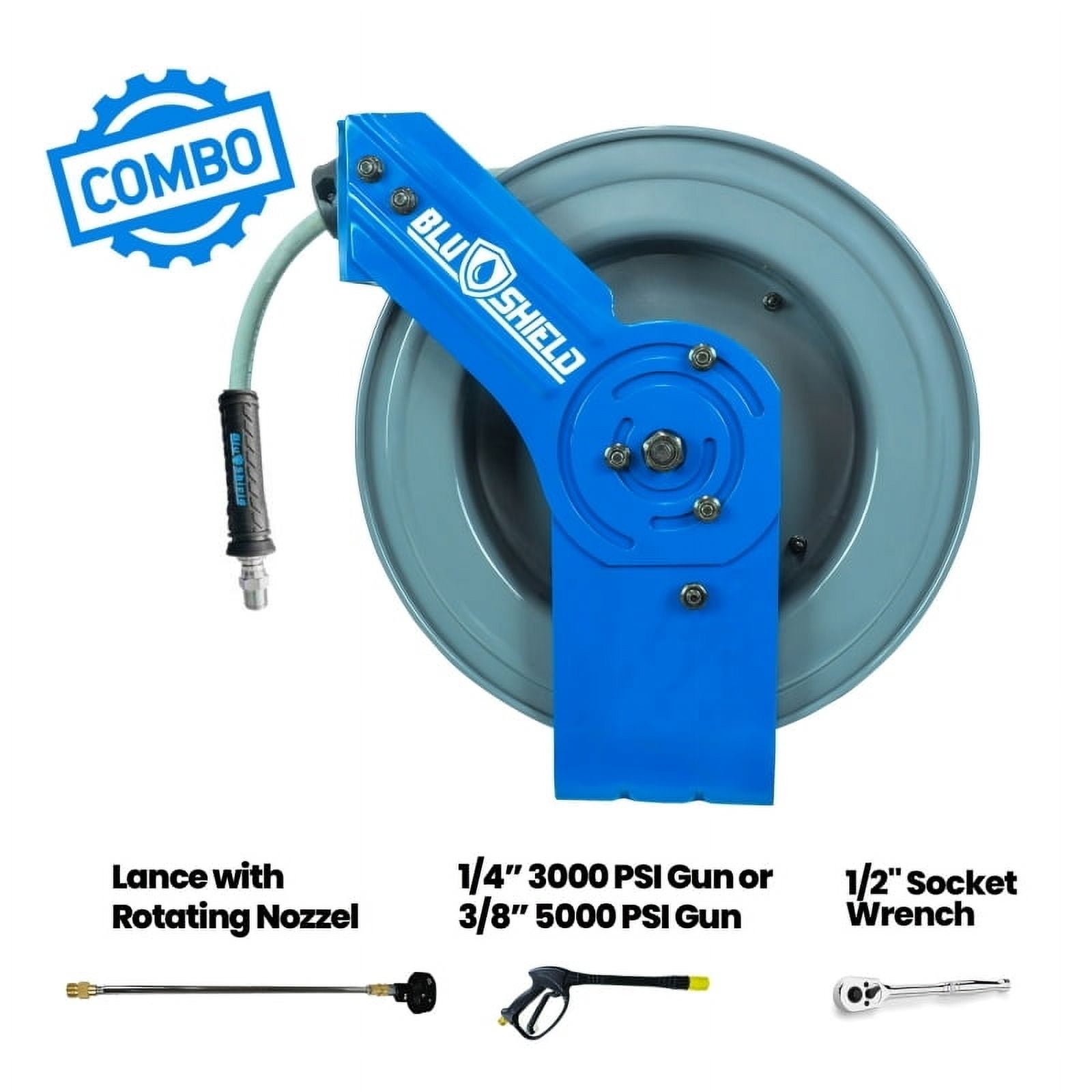 BluBird BluShield All-in-One Rubber Air Hose Reel 3/8" X 50(Dual Arm ) with 6' Lead-in-Hose. Includes FreeStyle, Sshhh Tek, and Safety Rewind Features.
