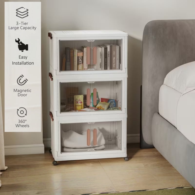 Howcool 3/4/5-Tier Stackable Storage Bins with Lid, Foldable Storage Box Cabinet with Wheels & Acrylic Doors