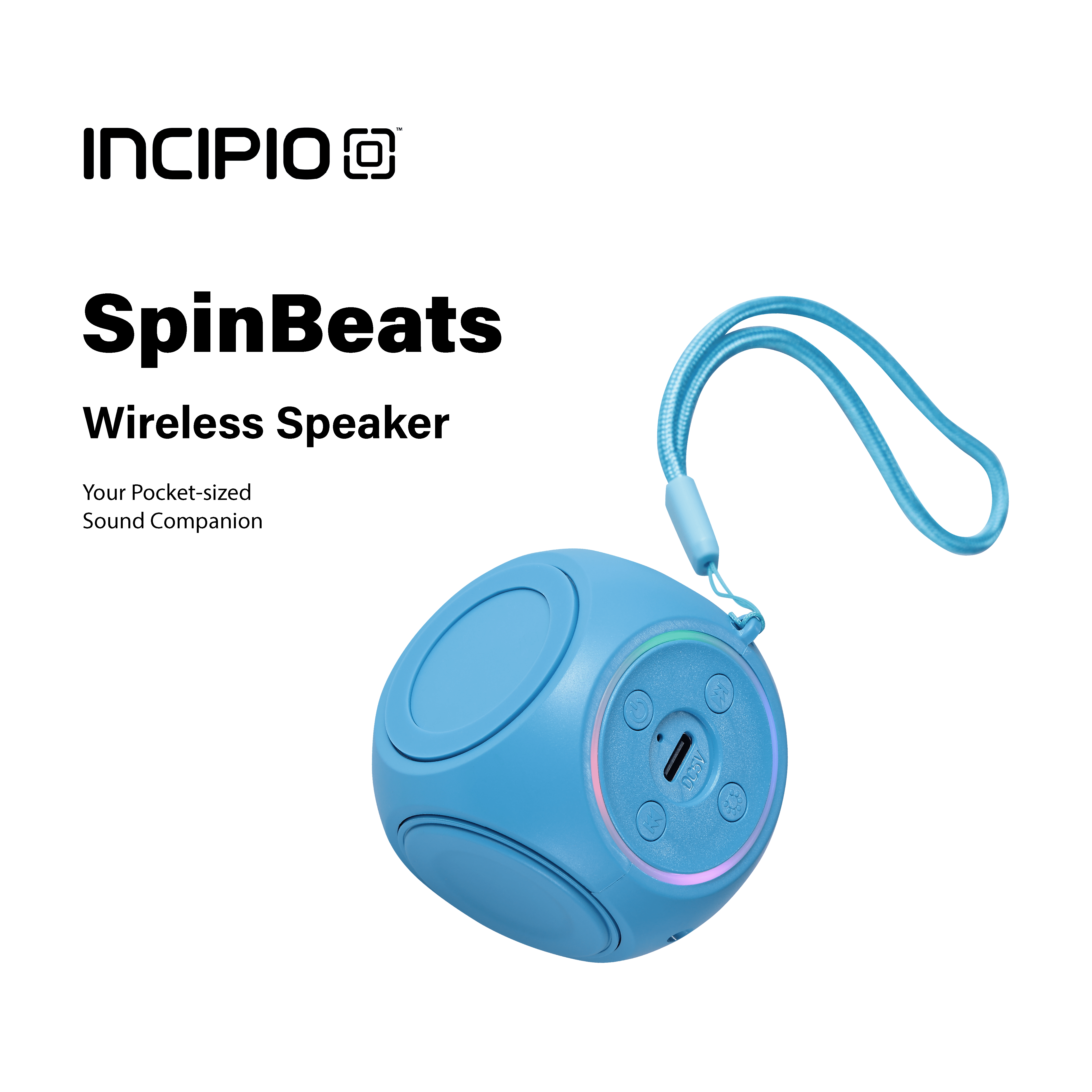 Incipio SpinBeats Wireless Bluetooth Speaker Portable Mini Speaker with RGB Lights, Spinning Top Design, Compact Pocket Size, Loud Clear Sound for Phone, Tablet, Laptop, Travel LED Speaker-Blue