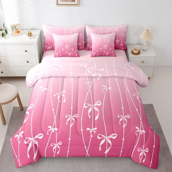 Erosebridal Pink Ribbon Bowknot Twin Bedding Sets 7-Piece For Teens,Girls Geometric Swirl Stripes Bedding Comforter Set,Pink Reversible