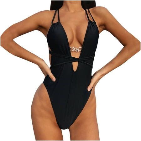 

Tankini Swimsuit for Women Sexy Deep V Metal Letter Buckle One Piece Swimwear Black Lace Up Beach Bikini