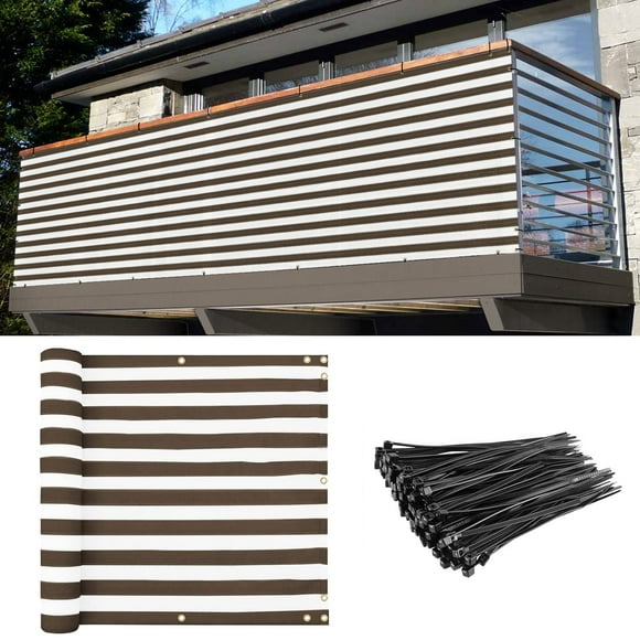 E&K Balcony Privacy Screen For Deck Yard Patio Pool 3'X33' Privacy Fence Screen Porch Yard Backyard Railings Chain Link Fence Dog Fencing Privacy Screen Cover With Zip Ties Brown White Strip