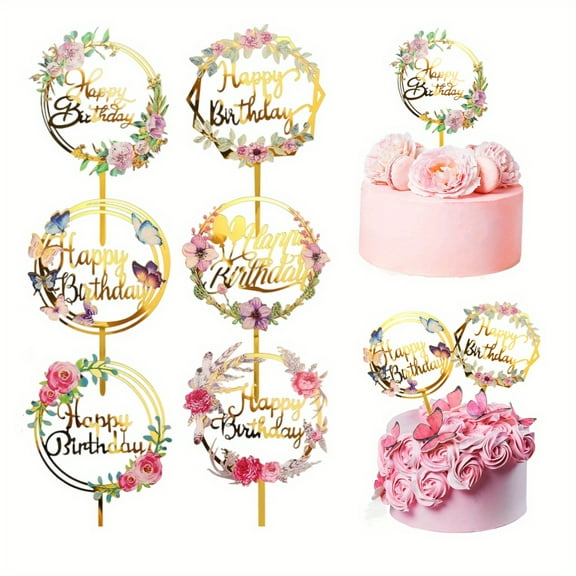 Birthday Cake Toppers 6 Pcs Gold Floral - Acrylic Party Decorations for Cakes, Cupcakes & Anniversary Celebrations