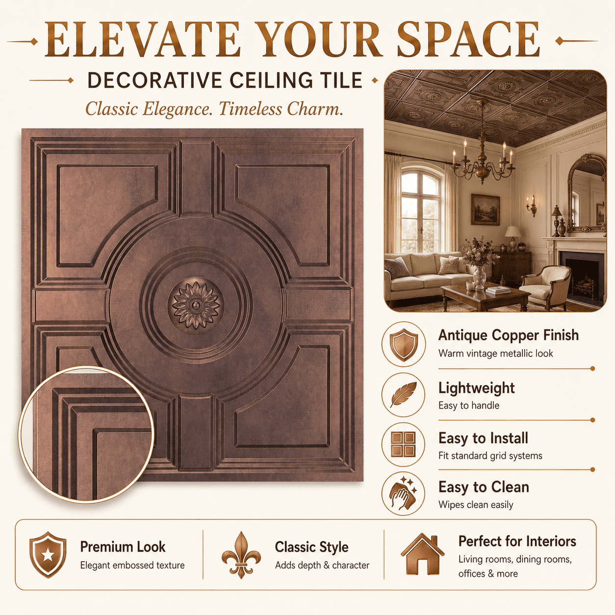 Yeslife 12-Pack Decorative Tiles, 2 x 2 ft, Antique Copper Embossed, Waterproof Drop-in Panels for Ceiling, 48 sq ft