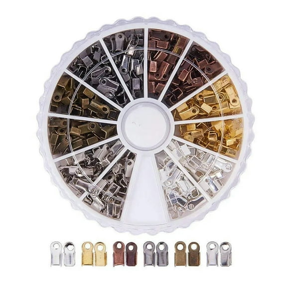 U8MO 420pcs/Box Iron Fold Over Cord Ends for Jewelry Making 6 Color Crimp Tips 6x3mm