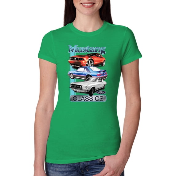 Wild Bobby, Mustang Ford Classics Cars and Trucks Women Slim Fit Junior Tee, Kelly, X-Large