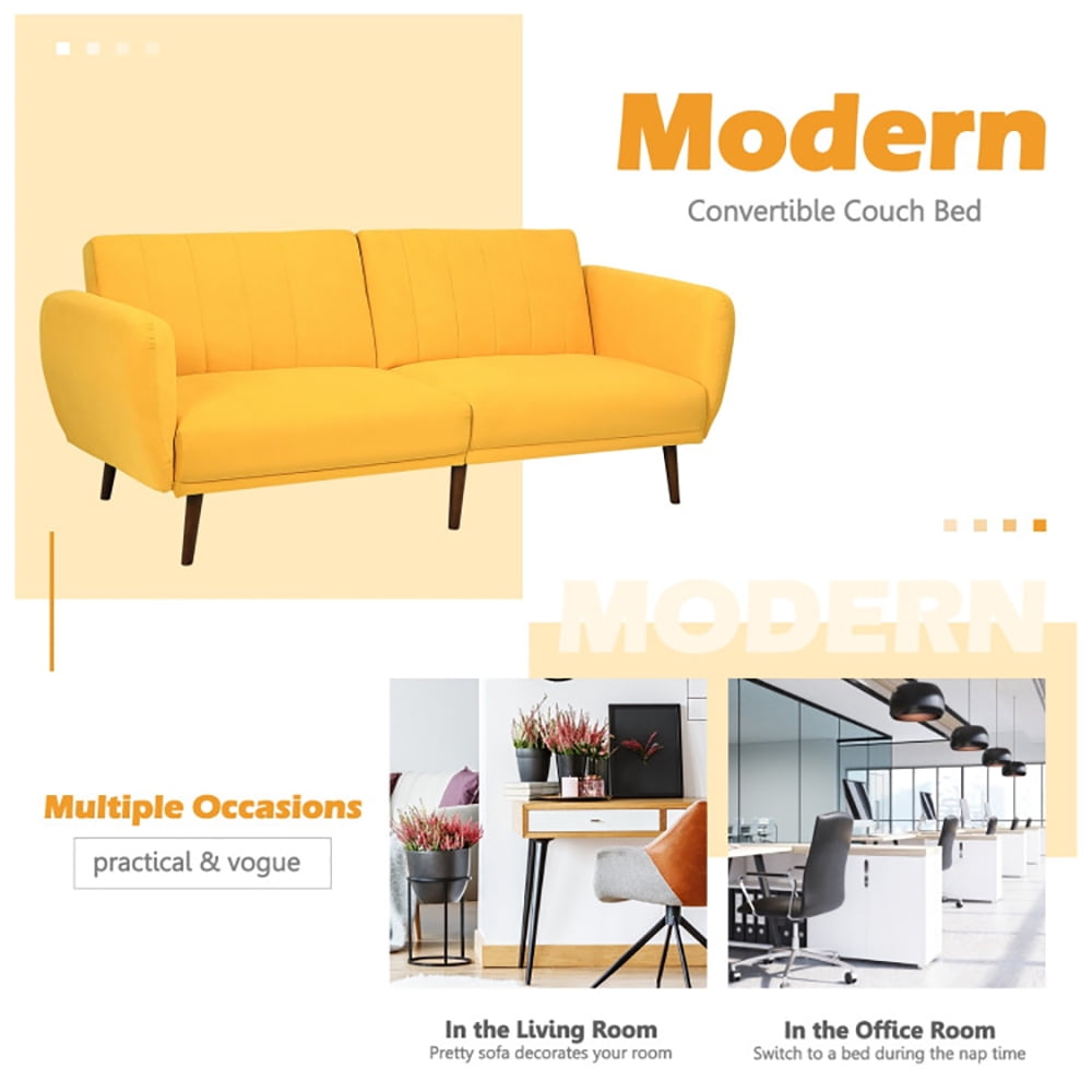 Finihen Convertible Futon Sofa Bed, Modern Convertible Sleeper Couch, Adjustable Couch Sleeper with Wood Legs, for Studio, Apartment, Office, Small Space, Living Room, Bedroom, Yellow