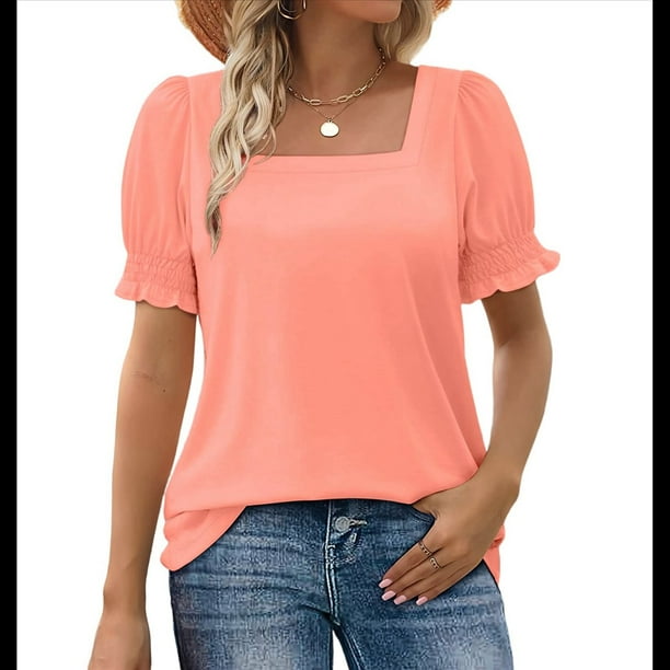 Tops para Mujer, Camisetas Informales de Verano con Cuello Cuadrado y Mangas con Volantes Rosa XXL