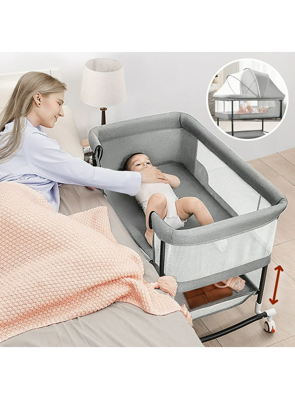 Yadala Bassinet, 4 in 1 Portable Rocking Bedside Bassinet for Baby Newborn with Mattress & Diaper Pad, Grey