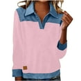 thumbnail image 2 of Nuoqisi Oversized Shirts for Womens Cozy Spring Summer Tops Tunic Collared Denim Polo Patchwork Pullover Long Sleeve Round Neck Sweatshirt, 2 of 8