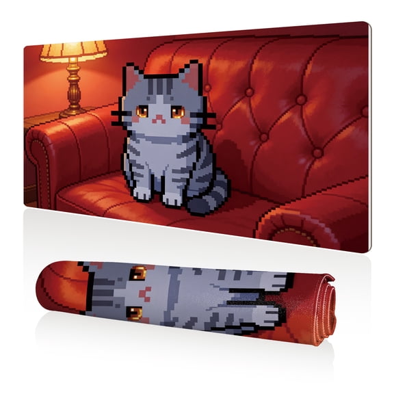 LIVEKEY XXL Mouse Pad Pixel Cat Red Sofa 80x40cm Non Slip Durable Easy Clean Stitched Edges Full Desk Coverage for Gaming Office Use
