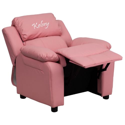 Personalized Deluxe Padded Pink Vinyl Kids Recliner with Storage Arms