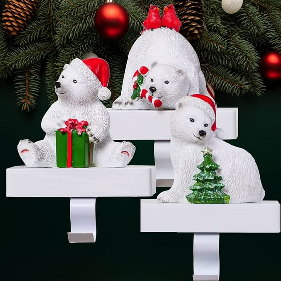 UNIQOOO Handmade White Polar Bear Christmas Stocking Holders, Large 3Pcs Mantel Hook Set with Base Pads, Holds 2 Lb, Cubs with Xmas Tree, Candy Cane, Birds Fireplace Stocking Hanger Décor for Garlands
