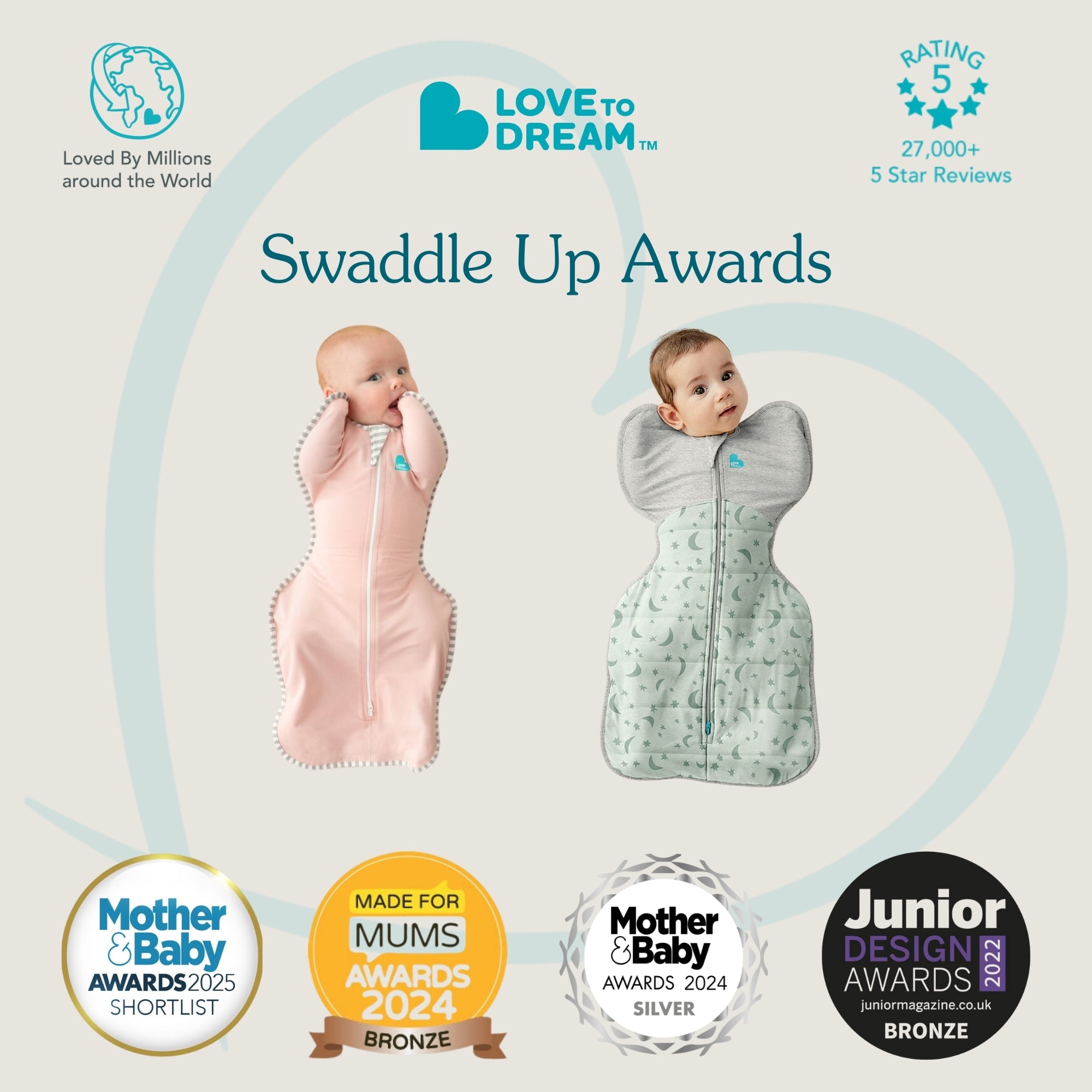 Love to Dream Swaddle Up Warm Cotton 2.5 TOG Baby Sleep Sack, Arms Up Design, Twin Zipper, Medium 13-19 lbs, White Dreamer