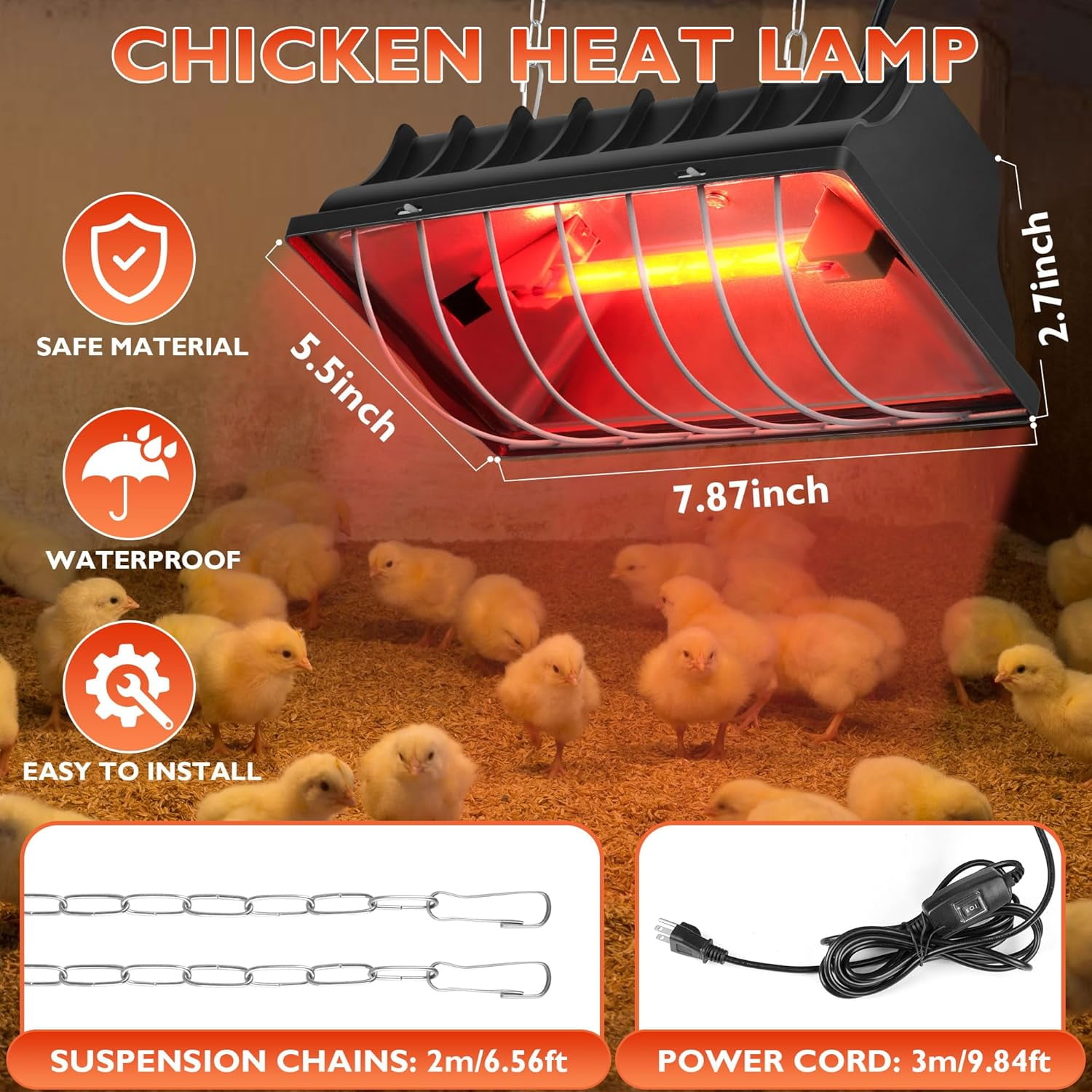 250W Adjustable Chicken Coop Heat Lamp - 2 Settings Poultry Heater For Chicks, Pets, Reptiles & Livestock