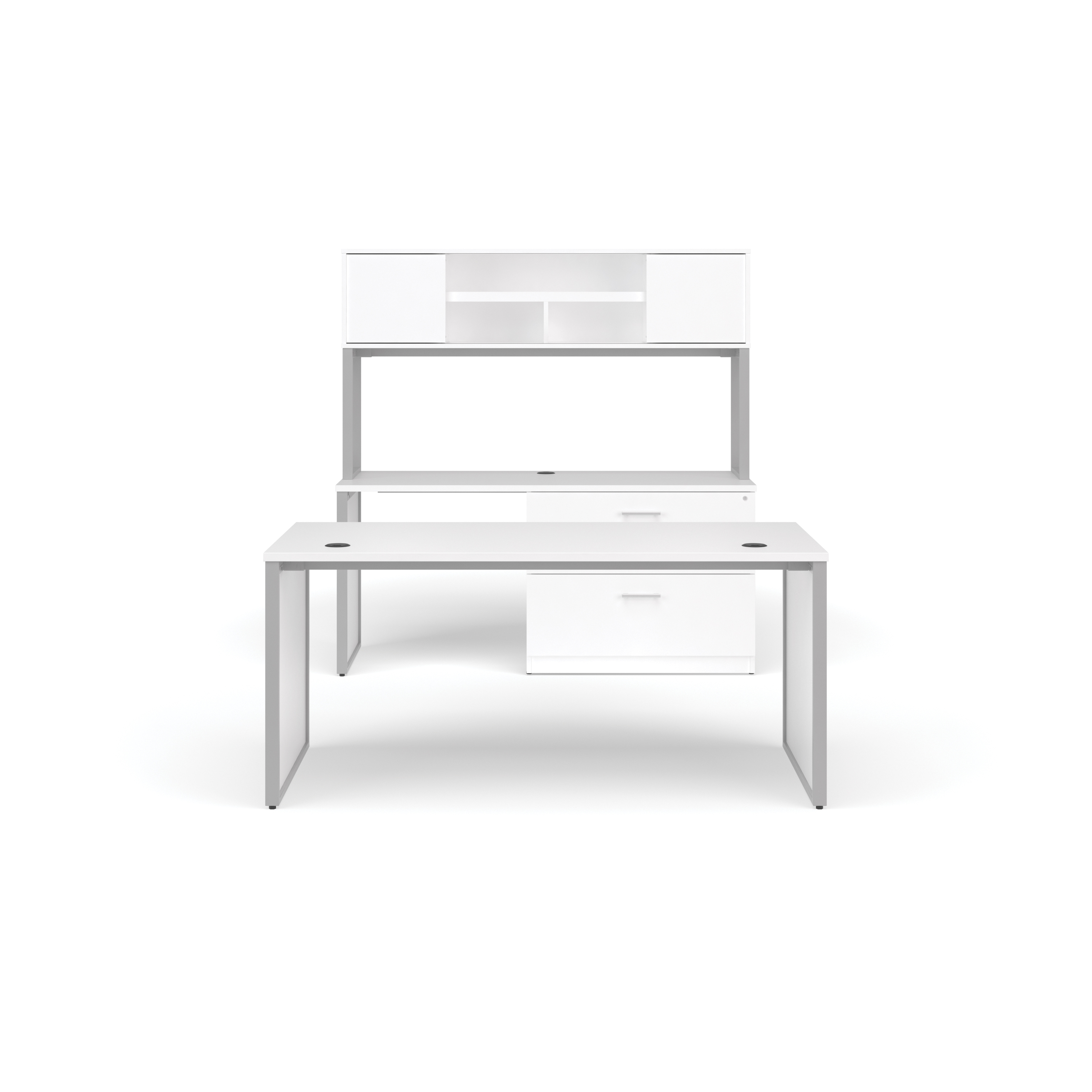 OFM Fulcrum Series Office Furniture Set, 66" Table Desk, 66" Credenza, Lateral Filing Cabinet, Hutch, Leg Panels, in White