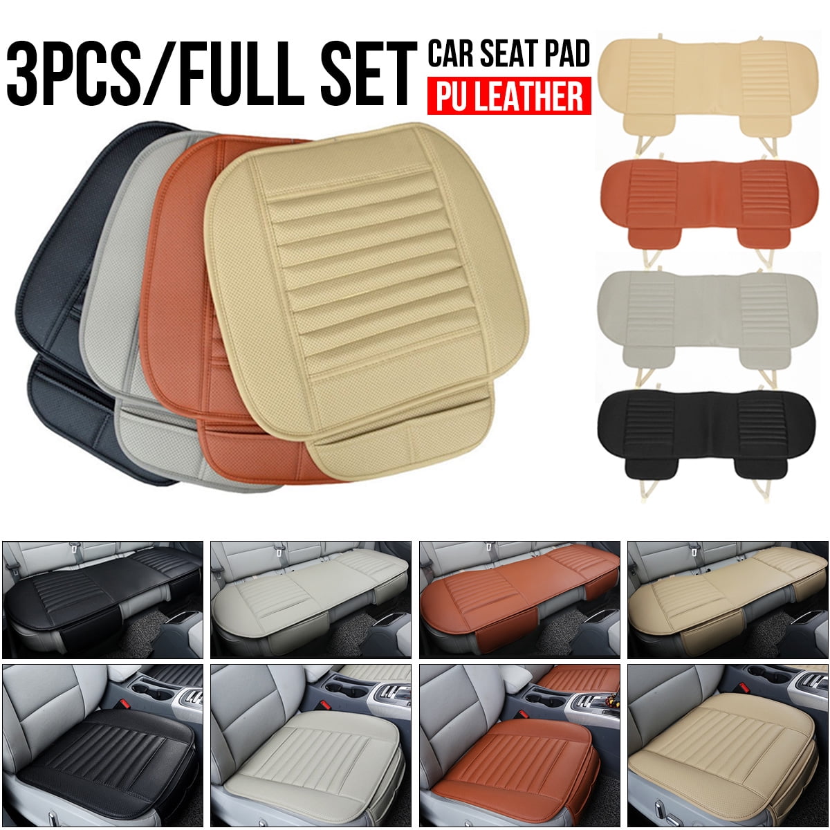 3pc Universal Car Seat Cover Bamboo Charcoal Breathable PU Leather Seat Pad Mat 