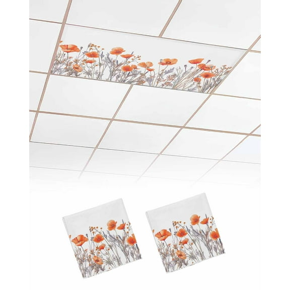 Fluorescent Light Covers for Ceiling Lights 2 Pack, Orange Spring Floral Magnetic Ceiling Light Covers 2x4ft for Classroom Office School, Watercolor Summer Botanical Overhead Drop Ceiling Light Shade