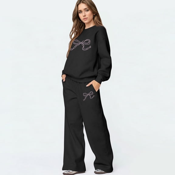 Bow Outfits Bow Sweatsuit Bow Matching Sweat Sets for Women Bow Sweatpants Set Sweat Suits for Womens 2 Piece Cute Pullover Sweatshirts Oversized Wide Leg Baggy Sweatpants With Pockets, Black L