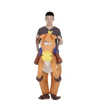 Decdeal Funny Cowboy Rider on Horse Inflatable Costume Outfit for Adult Fancy Dress Halloween Carnival Party Blow Up Inflatable Costume Suit With Battery Operated