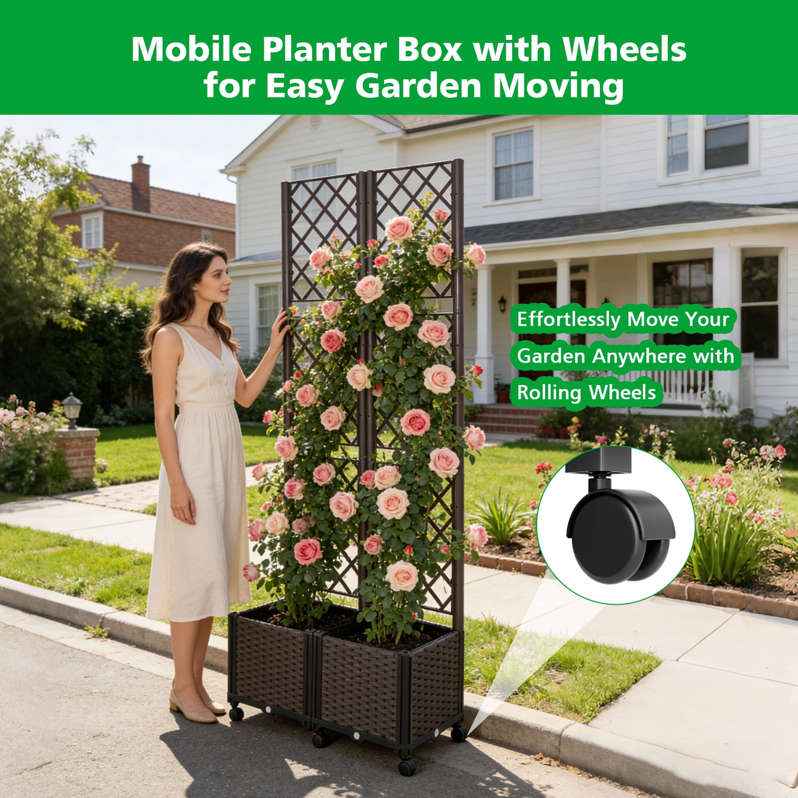 ROMUCHE Trellis Planter on Wheels, Self Watering Garden Planter Box with Drainage Hole for Climbing Plant Vegetable Flower