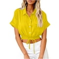 thumbnail image 3 of Button Down Shirts for Women Horkkom Short Sleeve Solid Color Linen Shirts Summer Casual Crop Tops with Pocket, Gifts for Women XL, 3 of 7