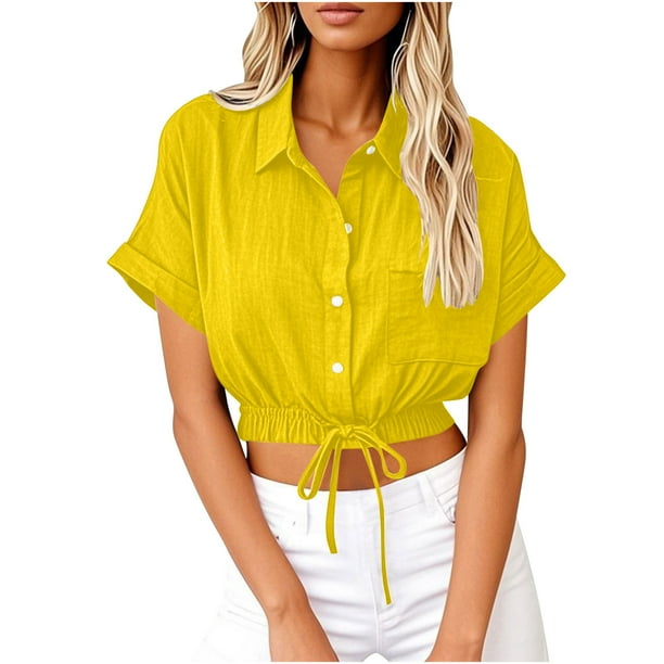 Vestidos Casuales Para Mujer, Blusas De Mujer De Moda Blusa corta de lino con solapa y botones sueltos para mujer, ropa de trabajo de verano