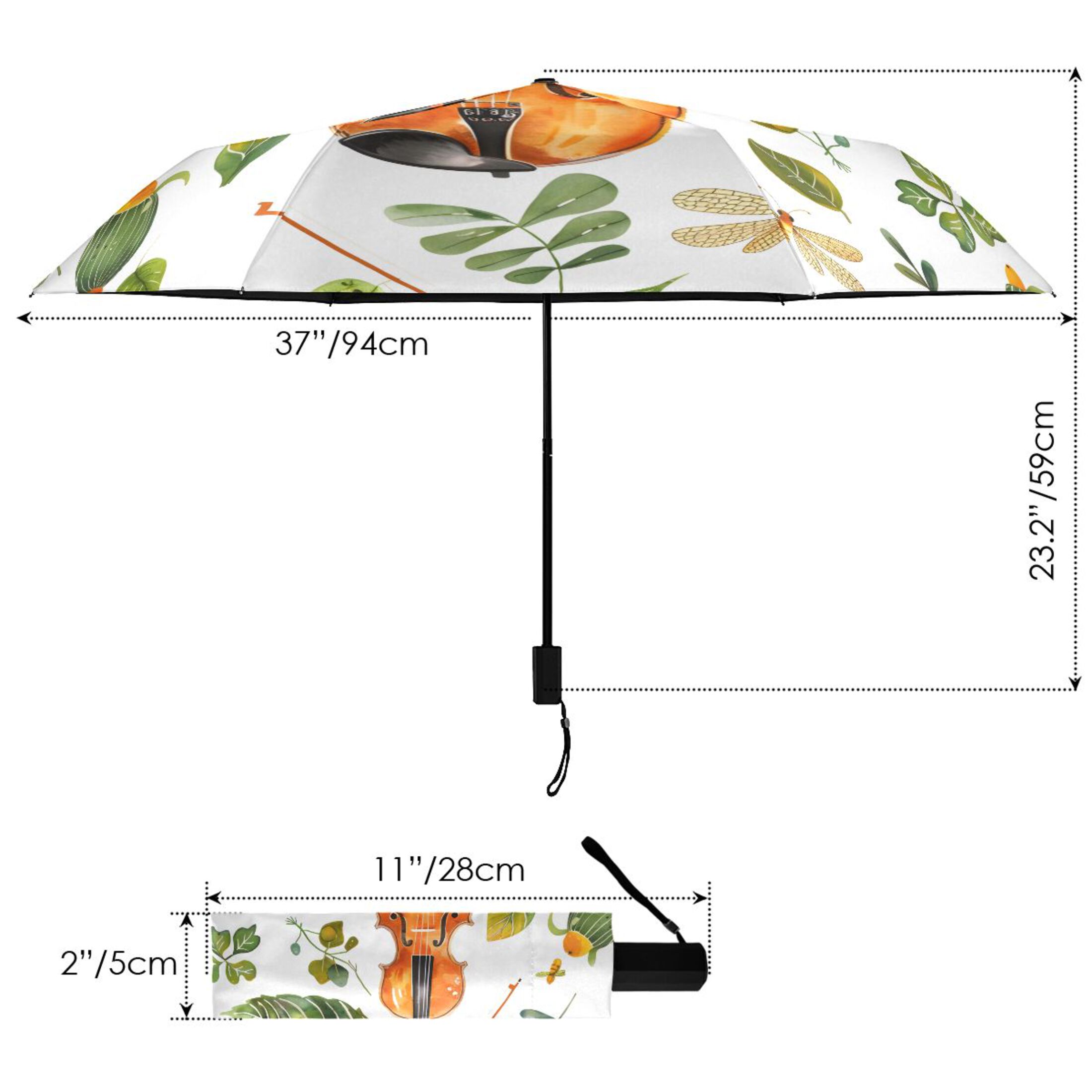 Violins and Leaves Watercolor All Weather Umbrella Triple Folding Parasol 6 Ribs UV Protection Portable