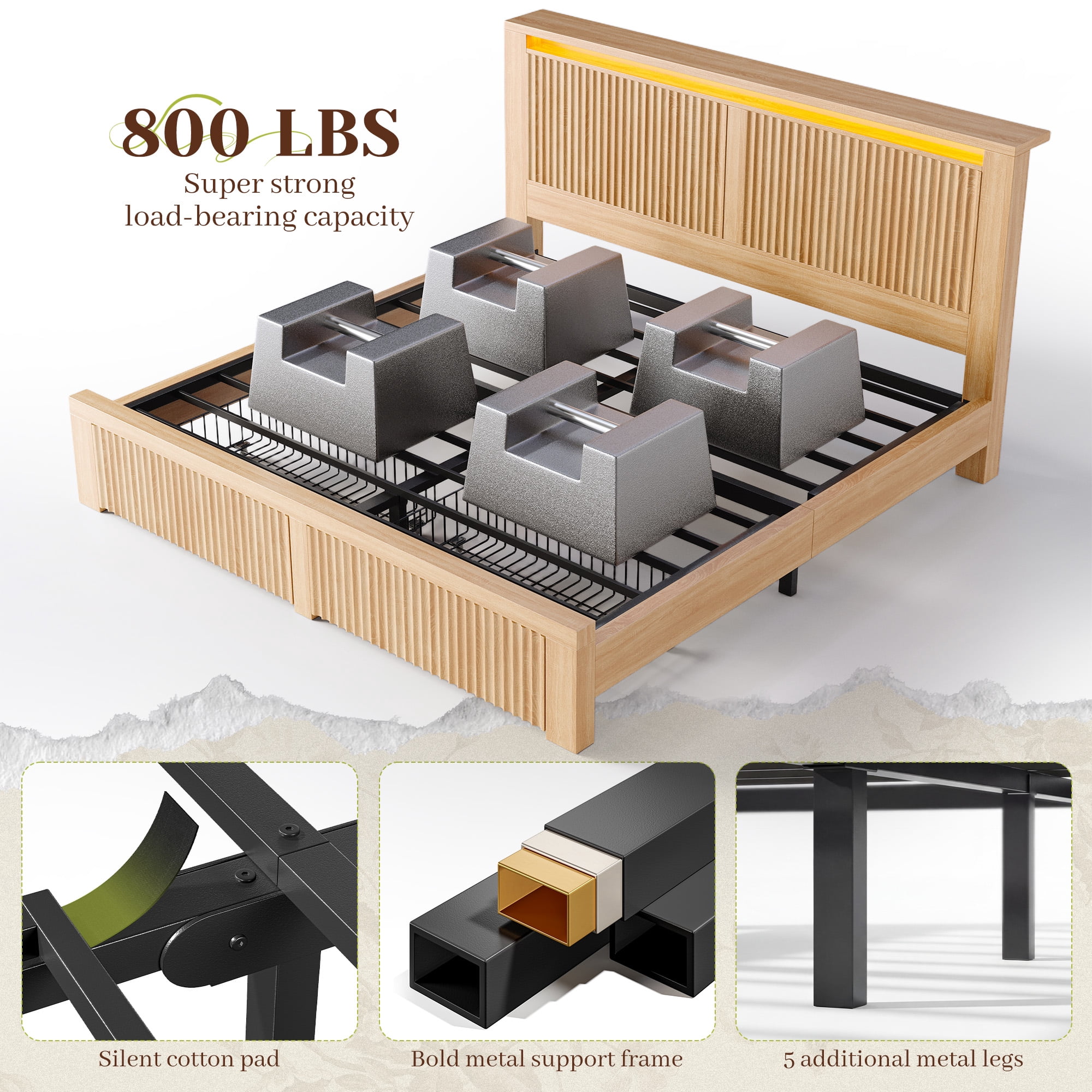 EnHomee Wood Bed Frame Queen with Headboard Bed Frame with Storage Shelf and Drawers Farmhouse Bed Frame with 2 Drawers & Charge Station & LED Light, Rustic Oak