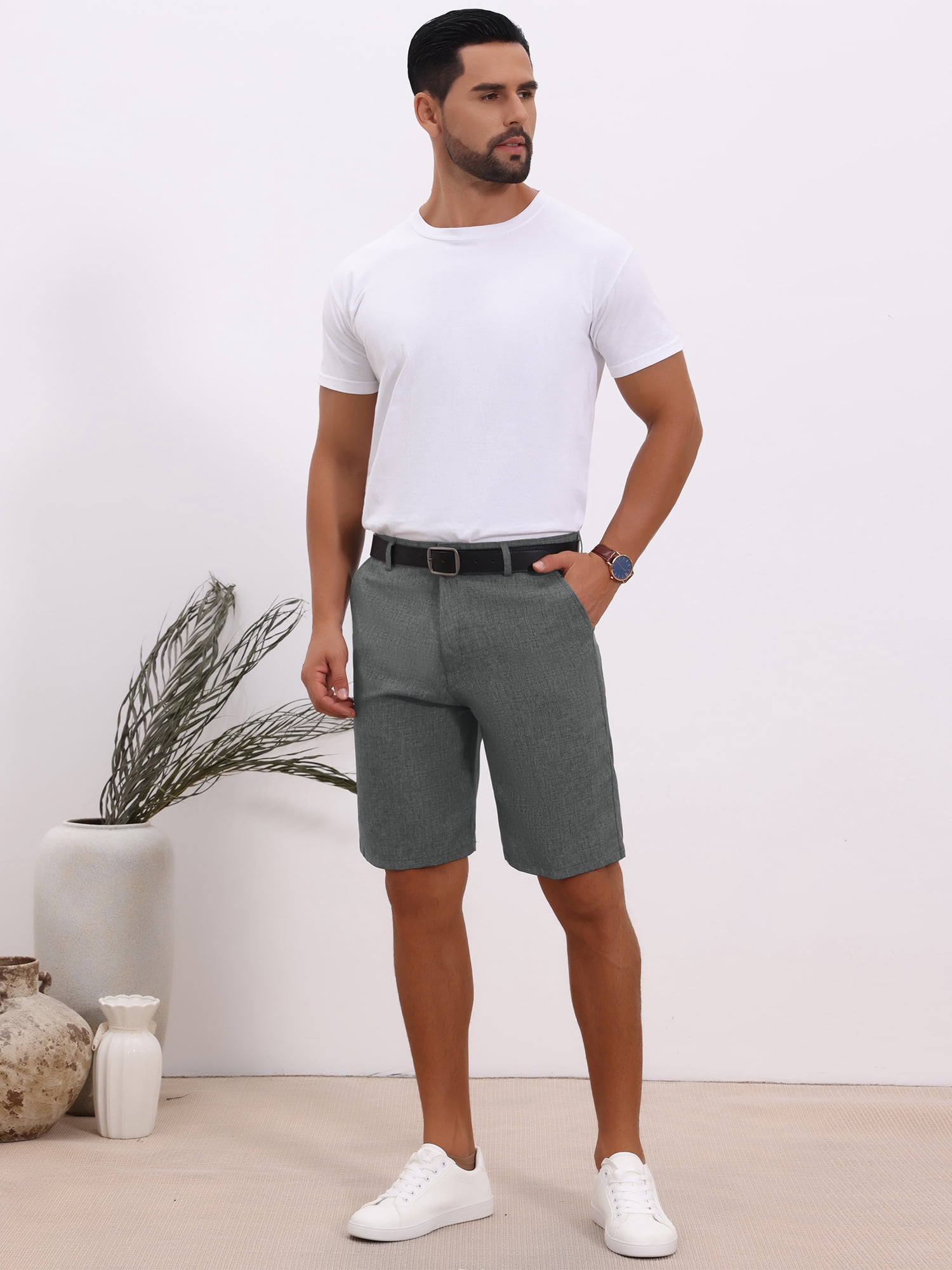 DARING DIVA Men's Above Knee Formal Linen Texture Shorts Pants with Pockets 30 Gray