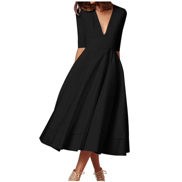 Meichang Robe Femme à Manches 3/4, Coupe Trapèze, Aguichant, Décolleté en V Profond, Robes Maxi avec Poches, Robe d'Été Évasée et Évasée, Douce et Extensible, Robe de Bal, de Soirée, de Fête