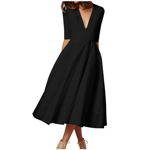 Lndajk Women's Vintage Deep V Neck Cocktail Dress 3/4 Sleeve Pleated Swing Maxi Dress with Pockets Black L