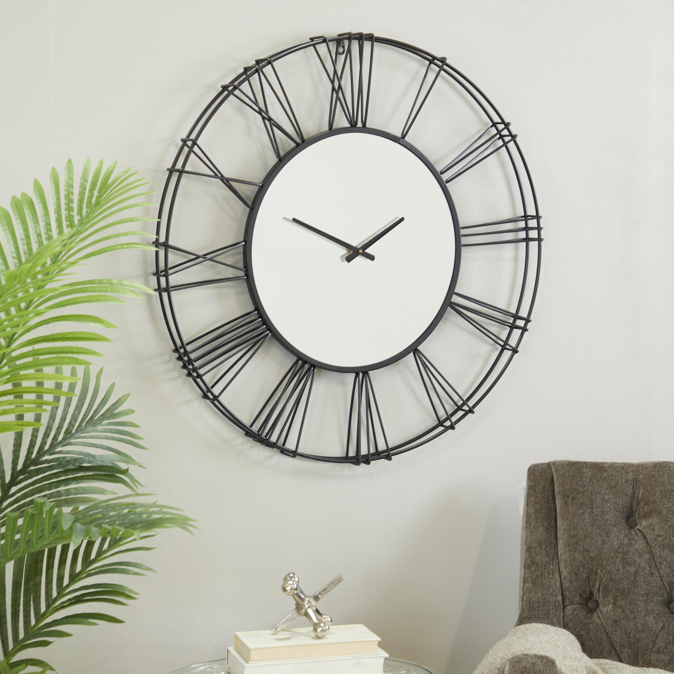 DecMode 30" Black Metal Open Frame Wall Clock with Center Mirror