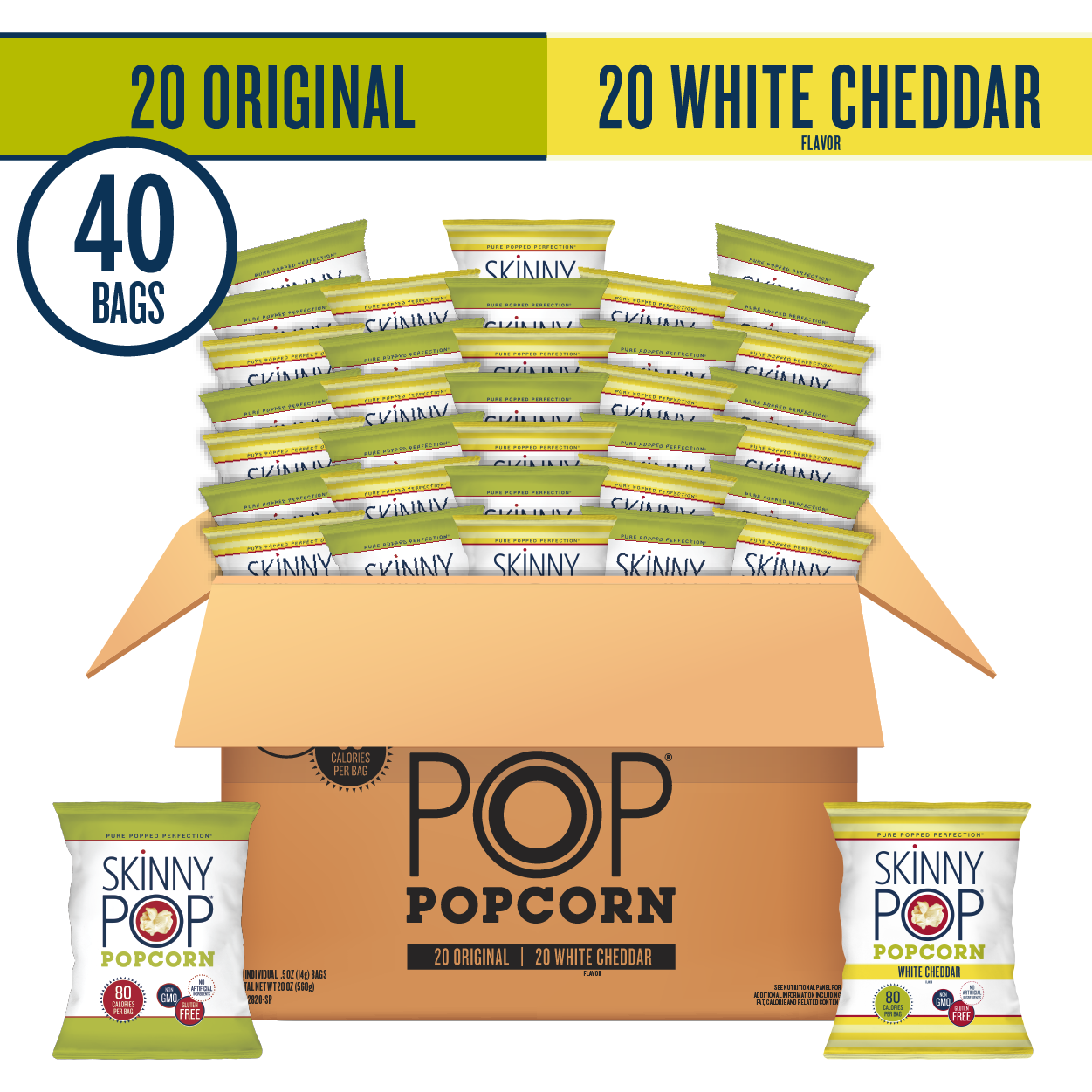 SkinnyPop 80 Calorie Original & White Cheddar Popcorn, 40 Ct Variety