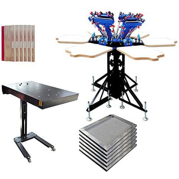 TECHTONGDA 6 Color 6 Station Screen Printing Kit Machine Press T-Shirt Micro-regstration Silk Screen Printing Frame Squeegee Flash Dryer Screen