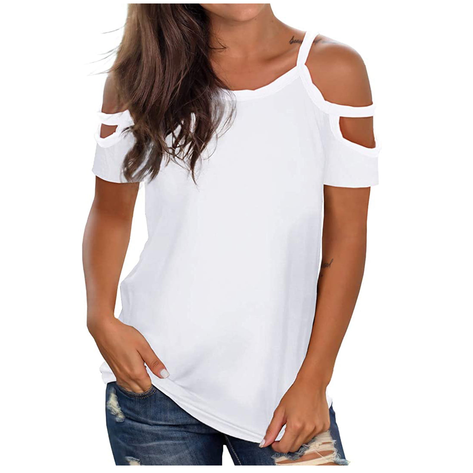 Inverlee Cold Shoulder Tops for Women Womens Short Sleeve Plus Size Blouses Summer Crewneck T Shirts Casual Loose Tunic