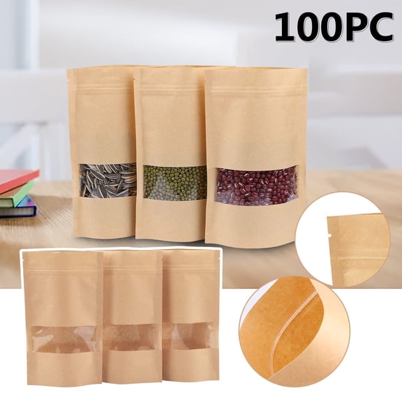 100 Pack Kraft Paper Stand Up Pouch Bags, Resealable Bag with Transparent Window and Tear Notch for Multipurpose Storage,4.7"x7.8" Zip Lock Coffee Packaging, Kraft Candy Sealable Bags for Food