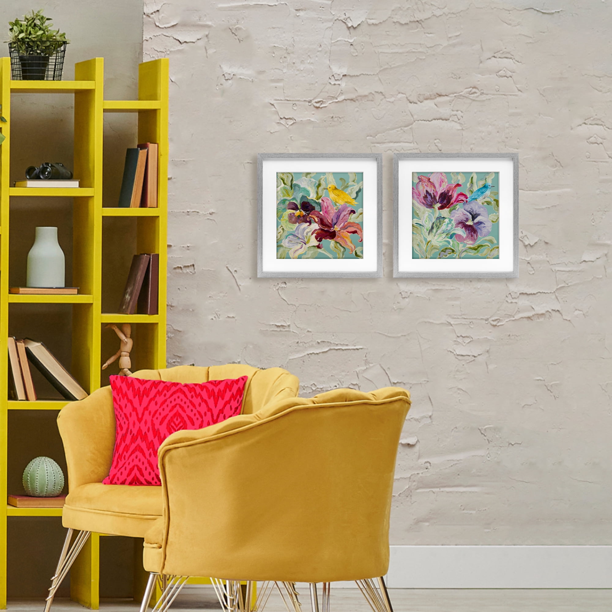 Stupell Industries Lyrical Garden Canaries 2 Piece Gray Framed Print Under Glass Set, design by Lanie Loreth