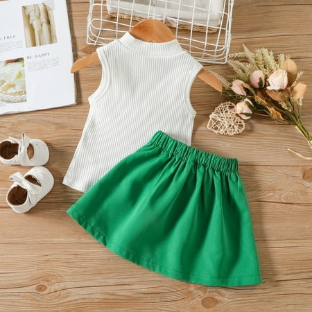 

nsendm Toddler Kids Baby Girls Sleeveless Ribbed T Shirt Tops Suspender Skirts Plaid Dress 2PCS A World without Clothes Childrenscostume Green 1-2 Years